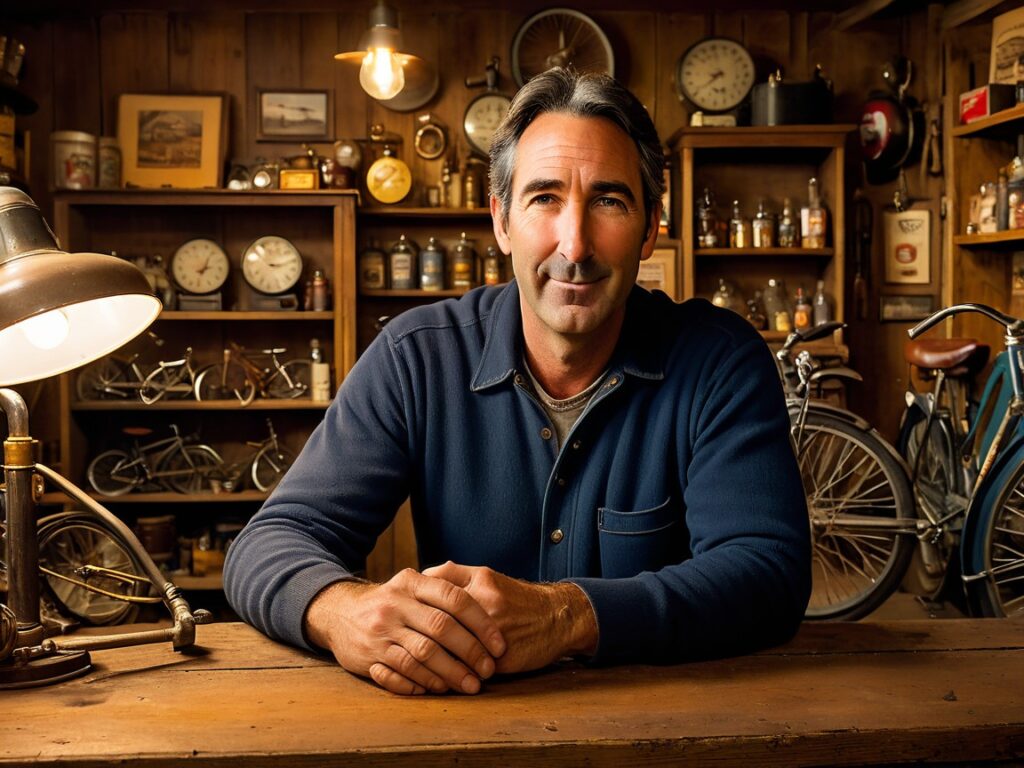 Cinematic portrait of American Pickers host Mike Wolfe standing in a rustic antique shop with vintage bicycles, signs, and collectibles around him.