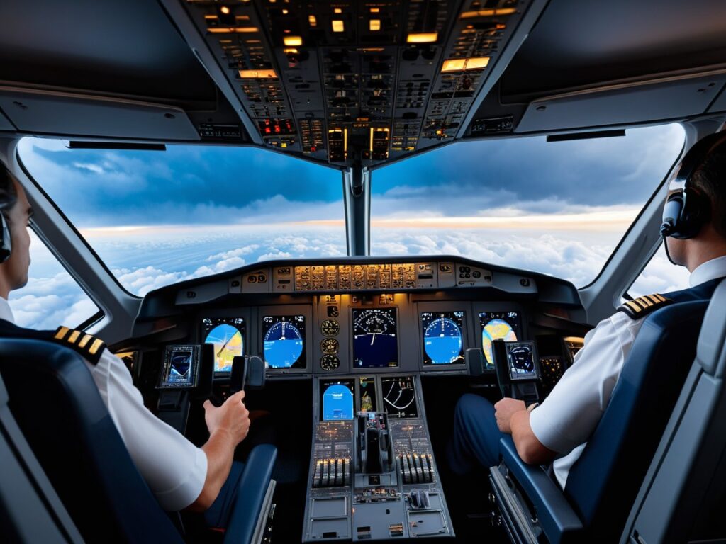 Pilots inside the cockpit of United Airlines Flight UA770 reviewing instruments during an emergency diversion mid-flight